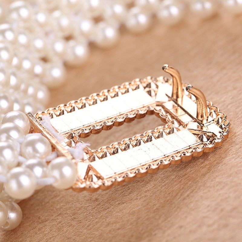 Women Elegant Pearl Fashion Elastic Designer Chain Crystal Waist Strap Belts
