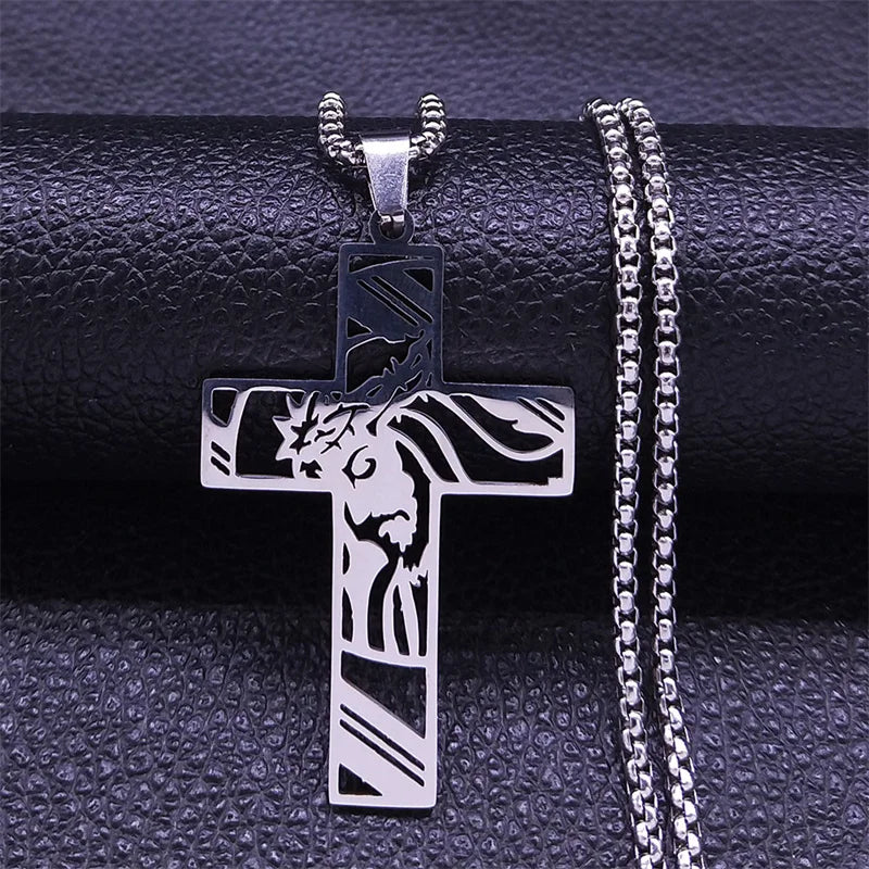 Men Stainless Steel Crucifix Jesus Christ God Cross Crown of Thorns Chain Necklace