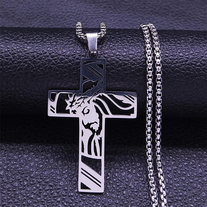 Men Stainless Steel Crucifix Jesus Christ God Cross Crown of Thorns Chain Necklace
