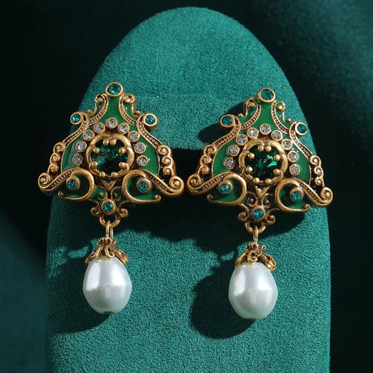 Vintage Pearl Triangle Green Flame Enamel Freshwater Wedding Pendant Earrings