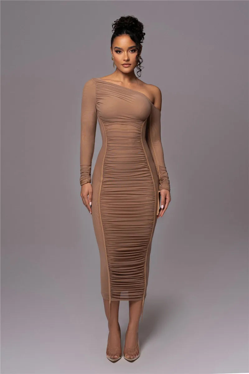 Sexy Diagonal Collar Long Sleeve Midi Two Layer Mesh Backless Ruched Bodycon Club Party Maxi Dress