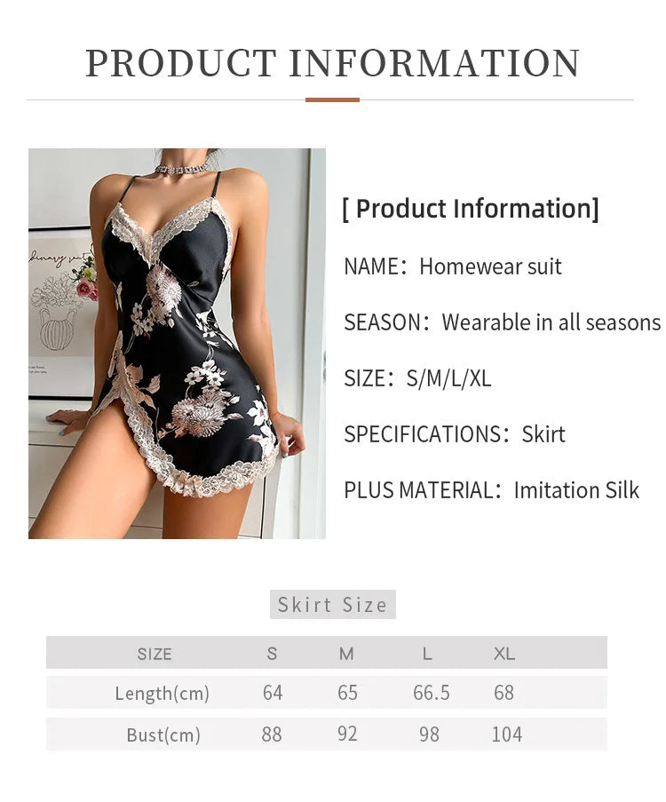 Women Breathable Thin Short Slip Sexy Ice Satin Sleeping Dress Night Pajamas