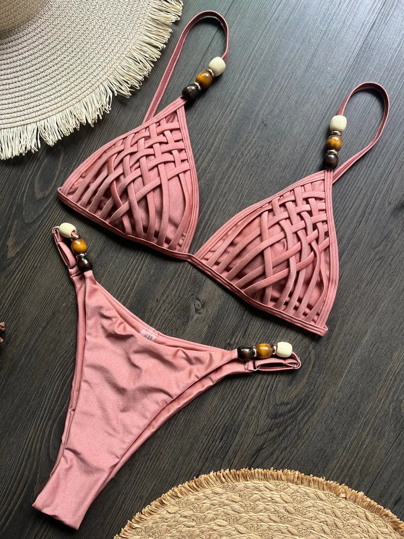 Sexy Women Pearls Strap Hole Out Push Up Bra Thong Swimsuit Brazilian Beach Bathing Micro Bikini Suit