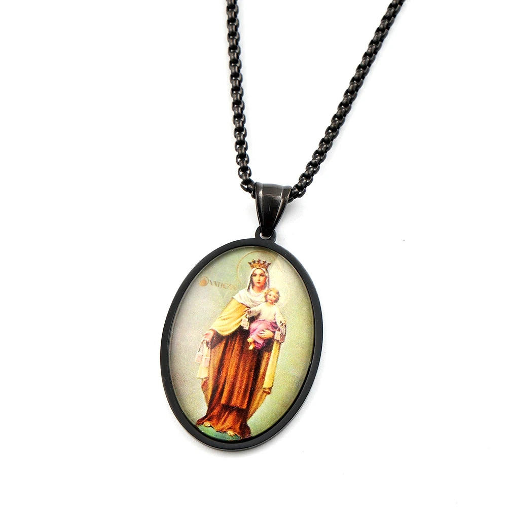 Women Men Stainless Steel Gold Color Catholic Amulet Virgin Mary Hold Baby Jesus Glass Medal Pendant Necklace