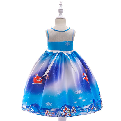 Kids Girls Princess Cartoon Santa Claus Snowflake Costume Xmas Party Print Dress