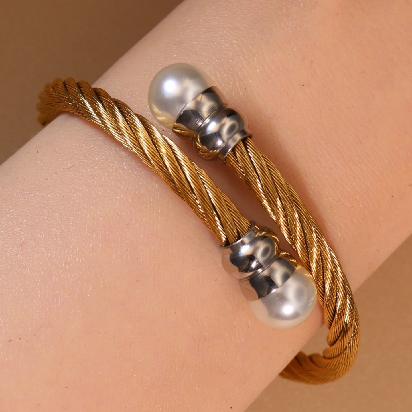Women Fashionable Double Heart Stainless Steel Pearl Adjustable Bracelet Bangle
