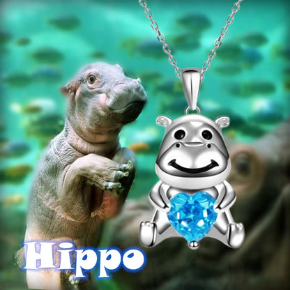 Cute Cartoon Creative Holding Heart Blue Crystal Hippo Pendant Necklace