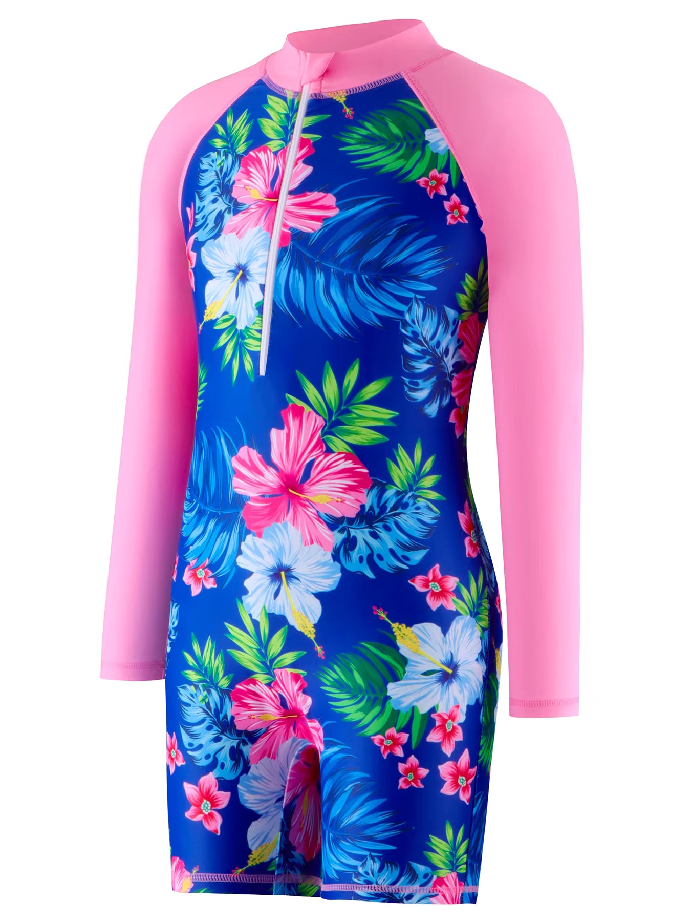 Girls Kids One-Piece Long Sleeve Plants Print Beach Boyleg Shorts Design Swimsuit