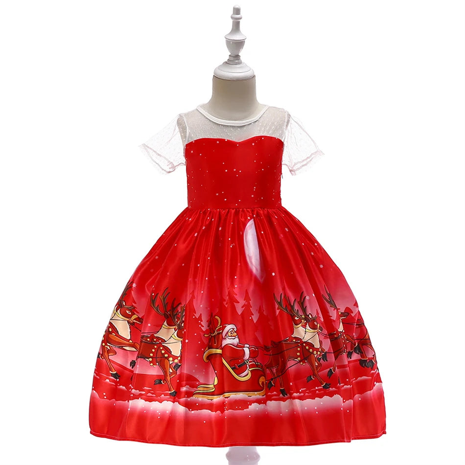 Kids Girls Princess Cartoon Santa Claus Snowflake Costume Xmas Party Print Dress