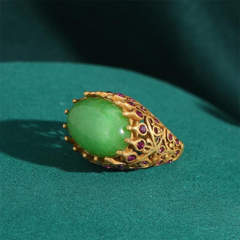 Women Vintage Antique Gold Color Oval Crystal Emerald Round Natural Stone Rings