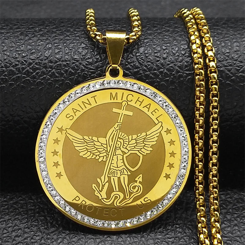 Women Men Stainless Steel Gold Color Knight Saint Michael Archangel Medallion Necklace