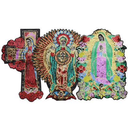 Large Sequins cross rose Blessed Virgin Mary Goddess Embroidery Patches for Clothes DIY sew Stripes Applique