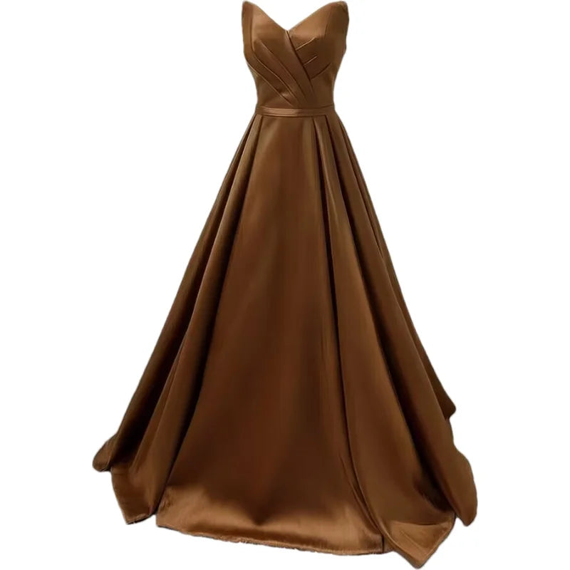 Women Strapless Simple Satin A Line Evening Party Formal Gown Corset Pleat Sweetheart Long Prom Dress w/Pocket