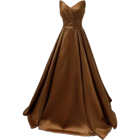 Women Strapless Simple Satin A Line Evening Party Formal Gown Corset Pleat Sweetheart Long Prom Dress w/Pocket