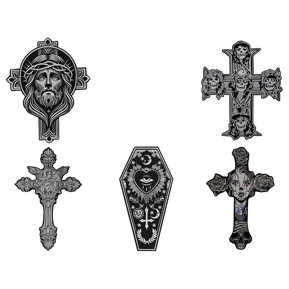 Big Cross Skull Gothic Punk Rock Iron on Patches Embroidered Crown Skull Patch Clothes Sewing Stickers
