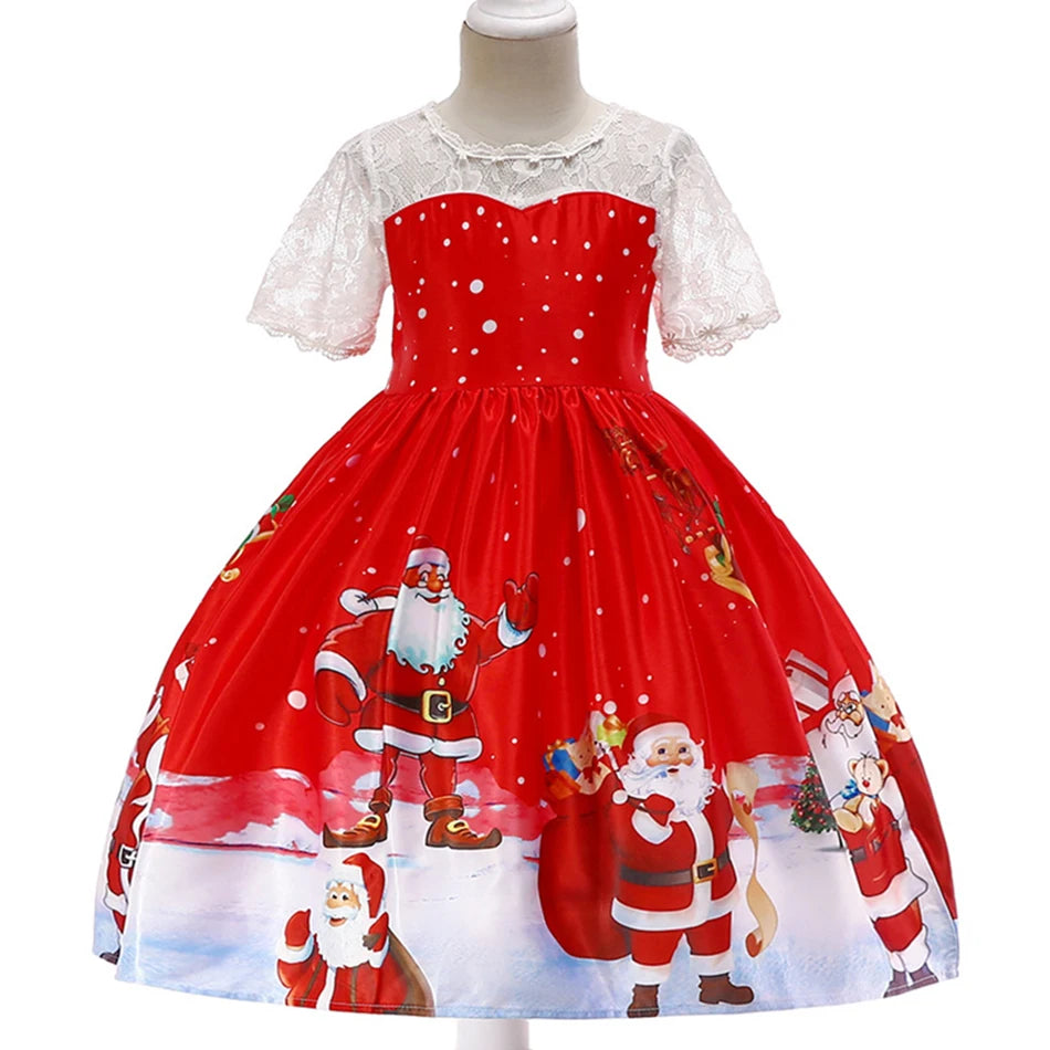 Kids Girls Princess Cartoon Santa Claus Snowflake Costume Xmas Party Print Dress