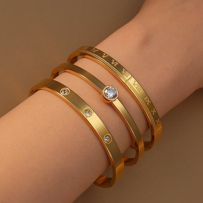 Women Roman Numeral 18k Gold Color Stainless Steel Zircon Bracelet Bangles