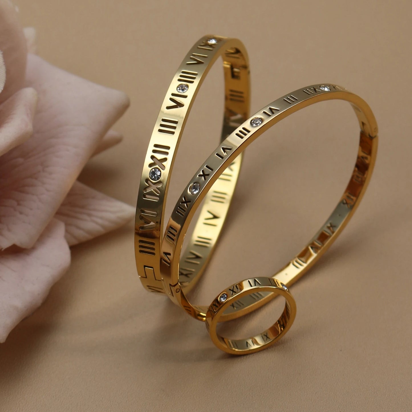 Stainless Steel 18K gold plated Roman Numeral Bracelet Bangles Ring 2-in-1 Jewelry