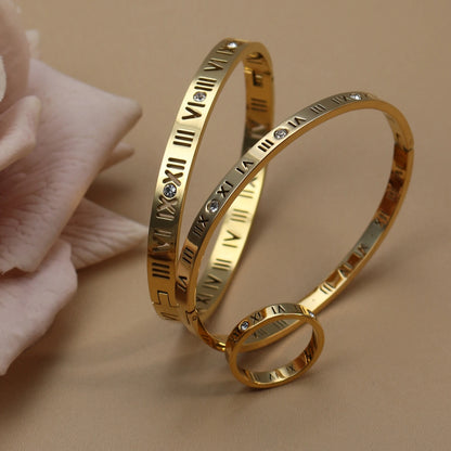 Stainless Steel 18K gold plated Roman Numeral Bracelet Bangles Ring 2-in-1 Jewelry