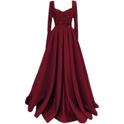 Long Sleeve Sequin Prom Long Satin Women Formal A-Line Evening Party Ball Gown Dress w/ Pockets