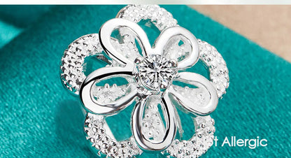 925 Sterling Silver Big Flower Zircon Women Man Fashion Wedding Engagement Party Charm Ring