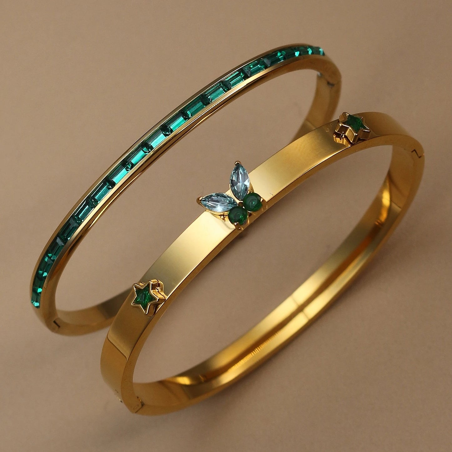 Women's Stainless Steel Green Crystal Gold Color Bracelet Bangle