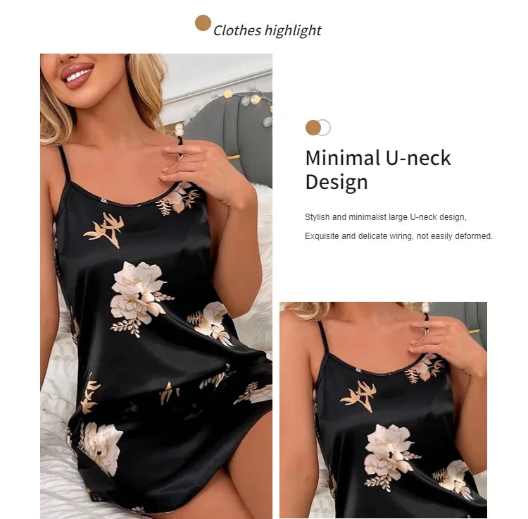 Women Nightwear Black Floral Print Nightdress Sleepwear Gowns