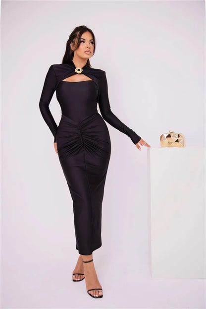 Women Elegant Hollow Out Long Sleeve Maxi  Metal Buckle Ruched Slit Long Dress