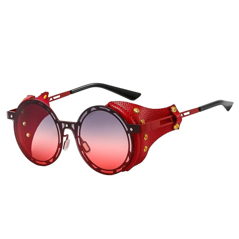 Oversized Men Women Vintage Designer Punk Metal Shades Round Steampunk Leather Eyeglasses UV400 Sunglasses
