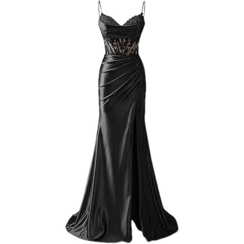 Lace Appliques Satin Prom Women w/ Slit Spaghetti Strap Backless Long Mermaid Evening Formal Dress Gown