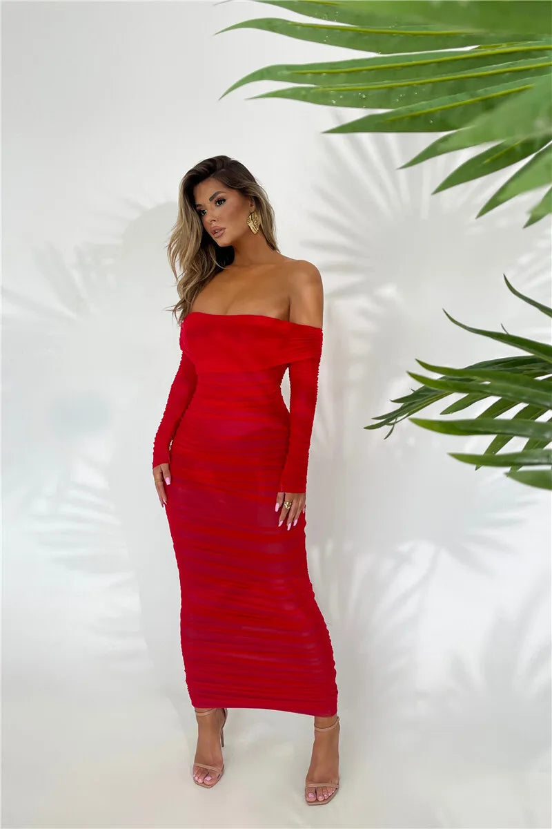 Women Off-shoulder Long Sleeve Sexy Maxi Strapless Backless Bodycon Ruched Party Long Dress