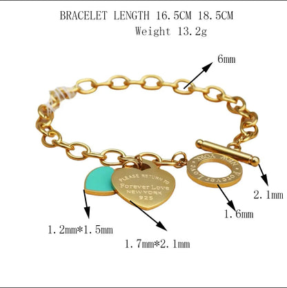 Fashion Stainless Steel Gold Color Double Heart Pendant Design FOREVER LOVE Bracelet Bangle