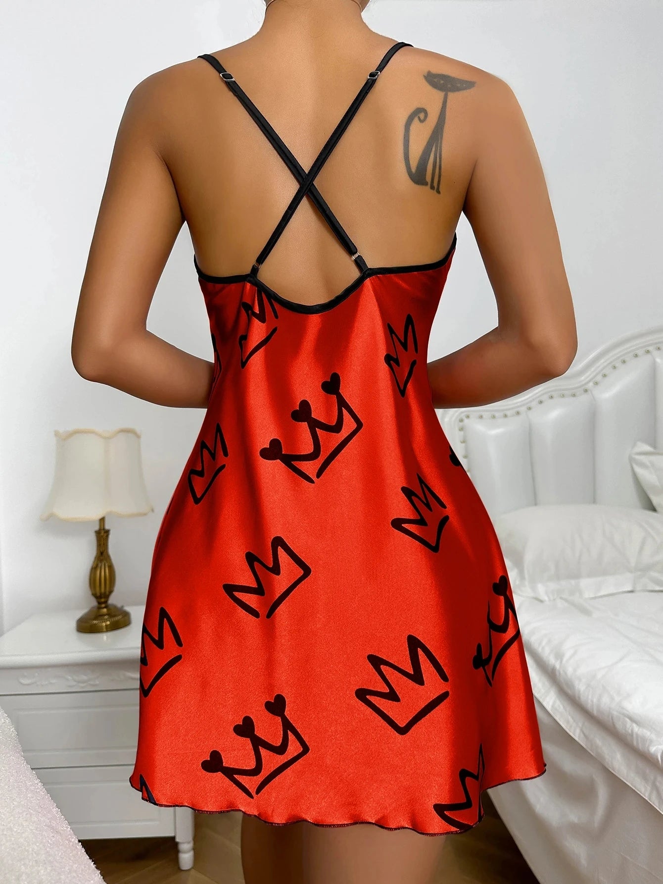Heart Print Scoop Neck Criss Cross Women's Sleepwear Nightdress