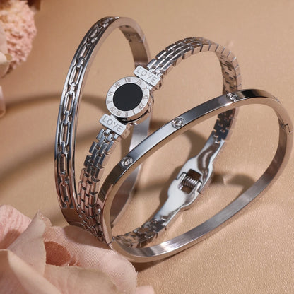 Stainless Steel Zircon Roman Numeral Chain Design Women Bracelet Bangle
