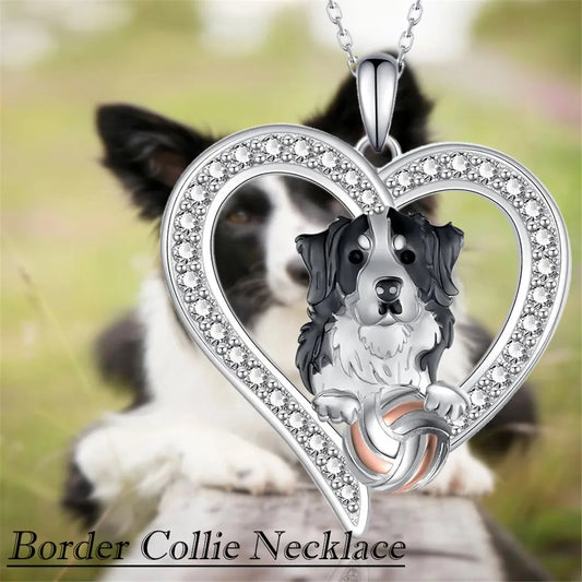 Women Men Fashion Design Border Collie Pendant Heart Shaped Necklace