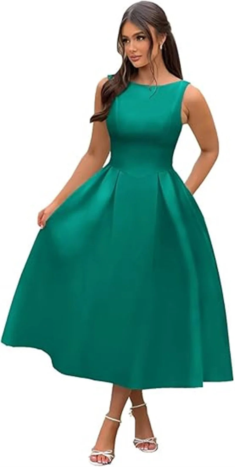 Simple Elegant O-Neck Satin Midi Prom Tea Length Backless A Line Formal Evening Party Bridal Dress w/ Pockets