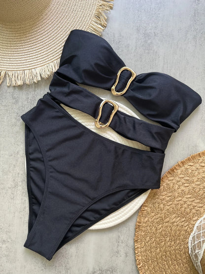 Sexy Strapless Hollow Out One Piece Women Beach Bikini Solid Backless Swimsuit