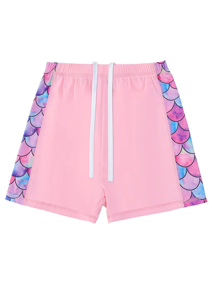 2pcs Kids Girls Short Sleeve Tops Swim Shorts Scale Print Patchwork Beach Bathing Swimwear