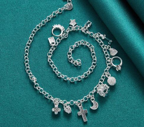 Women 925 Sterling Silver Heart Ball Cross Star Wedding Engagement Pendant Necklace Bracelets Set