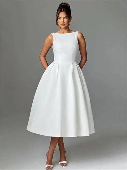 Simple Elegant O-Neck Satin Midi Prom Tea Length Backless A Line Formal Evening Party Bridal Dress w/ Pockets