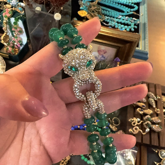 Vintage Green Beads Women Rhinestones Leopard Head Bangles Eye Bracelets