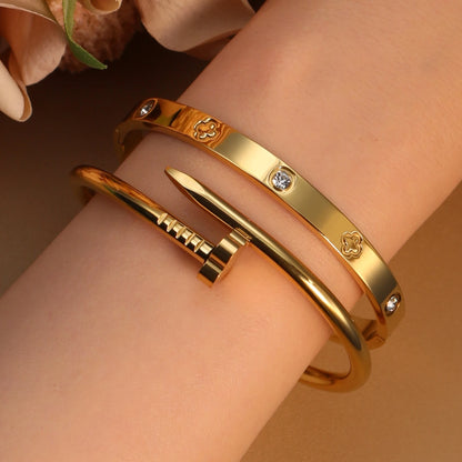 Women Heart Shaped Zircon Stainless Steel Gold Color 2-in-1 Bangles Bracelet Jewelry