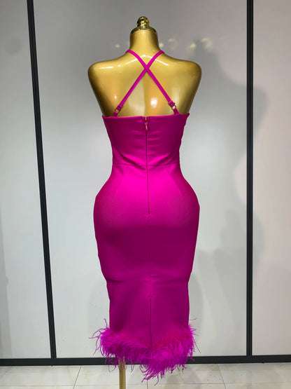 Sexy Sleeveless Backless Feather Midi Bandage Celebrity Evening Party Birthday Dress