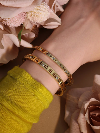 Stainless Steel 18K gold plated Roman Numeral Bracelet Bangles Ring 2-in-1 Jewelry