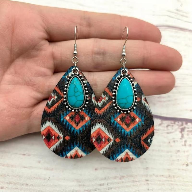 Women Bohon Vintage Turquoise Teardrop Aztec Wooden Earrings