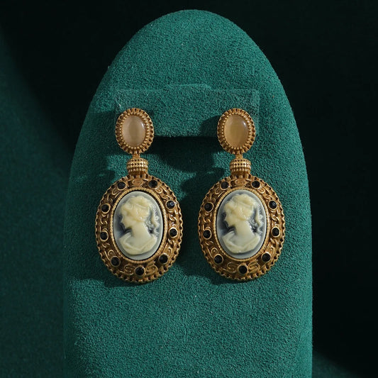 Antique Camelot Relief Portrait Beautiful Women Oval Natural Stone Gold Color Vintage Drop Earrings