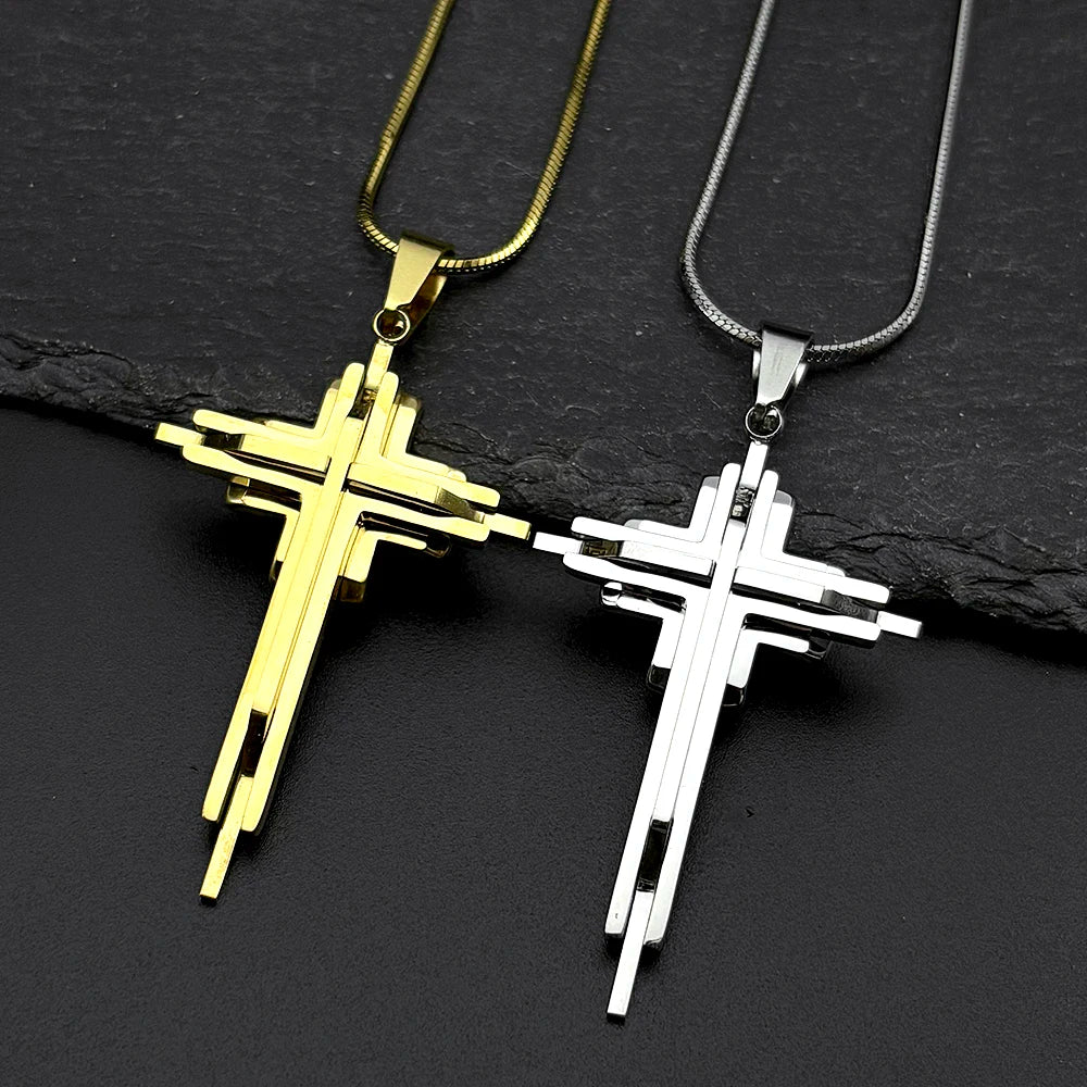 Men Women Gold Silver Color Hip Hop Crucifix Chain Amulet Stainless Steel Multi-layer Jesus Cross Pendant Necklace