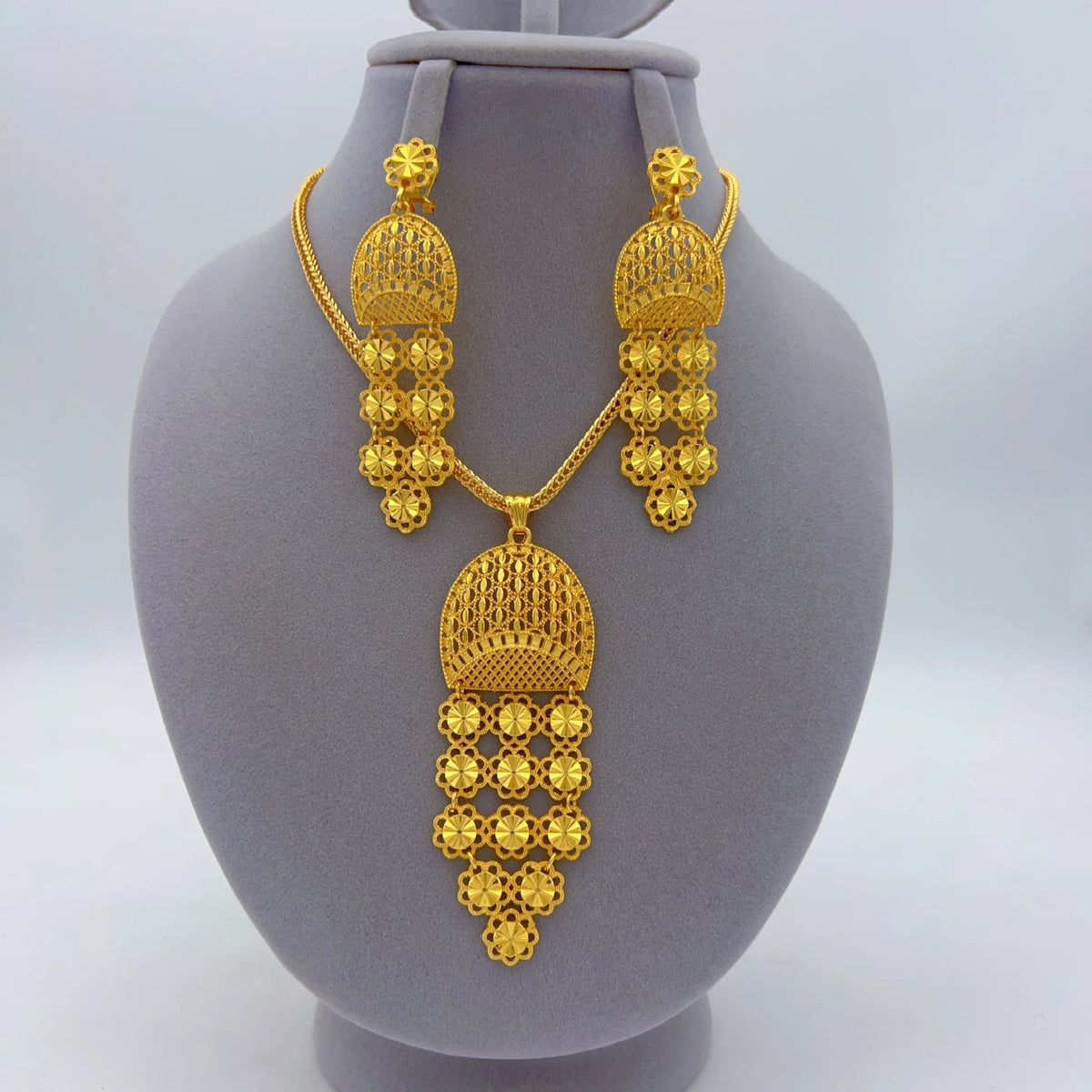 Indian Bridal Women African Dubai Gold Plated Long Wedding Party Necklace Earrings Jewelry Set