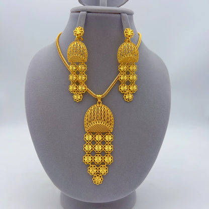 Indian Bridal Women African Dubai Gold Plated Long Wedding Party Necklace Earrings Jewelry Set