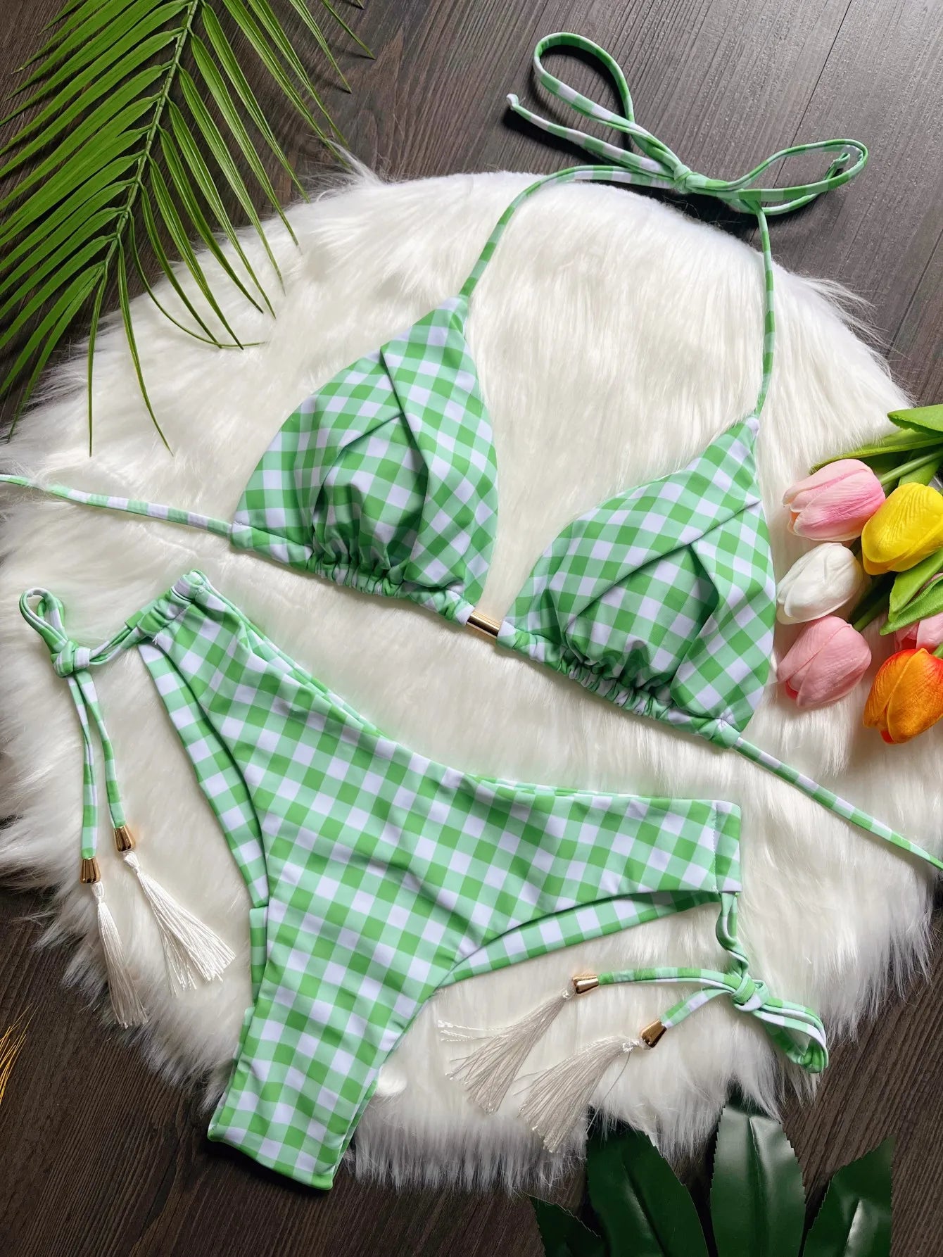 Sexy Lattice Print Bandage Bikini Swimsuit Two-piece Triangle Swimwear Bathing Brazilian Suit